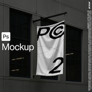 Vertical Flag Banner Mockup 2 : Urban Hanging PSD for Signage & Brand Display