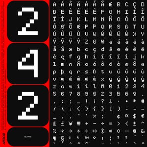 Op de afbeelding: Een zwart en rood grafisch ontwerp met de cijfers 2, 4 en 2 in witte pixellettertype. Het ontwerp bevat ook een raster van gepixelde letters, cijfers en symbolen. Het woord "GLYPHS" staat onderaan.