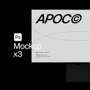 May include: A digital screen mockup with the text "APOCO" in a bold, modern font. The image includes the text "Ps Mockup x3" and additional text about the mockup series. The design is primarily black and white.