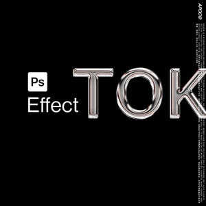 Könnte beinhalten: Ein schwarzer Hintergrund mit dem Wort "TOK" in glänzenden, chromartigen Buchstaben. Das Wort "Effect" steht in Weiß unter einem weißen Quadrat mit "Ps" darin. Das Bild enthält auch Text in einer vertikalen Spalte auf der rechten Seite.