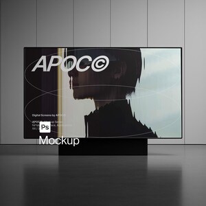 May include: A rectangular digital screen display featuring the text APOC©, Digital Screens by APOC©, APOC© Mockup Series for UI Interface, Applications XX / 3, and a Ps Mockup icon. The screen shows a dark silhouette profile of a person.