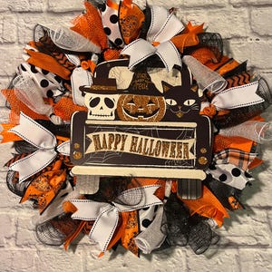 Happy Halloween wreath, pumpkin cat and skeleton wreath, joy ride Halloween wreath, Halloween wreath, cheerful Halloween wreath