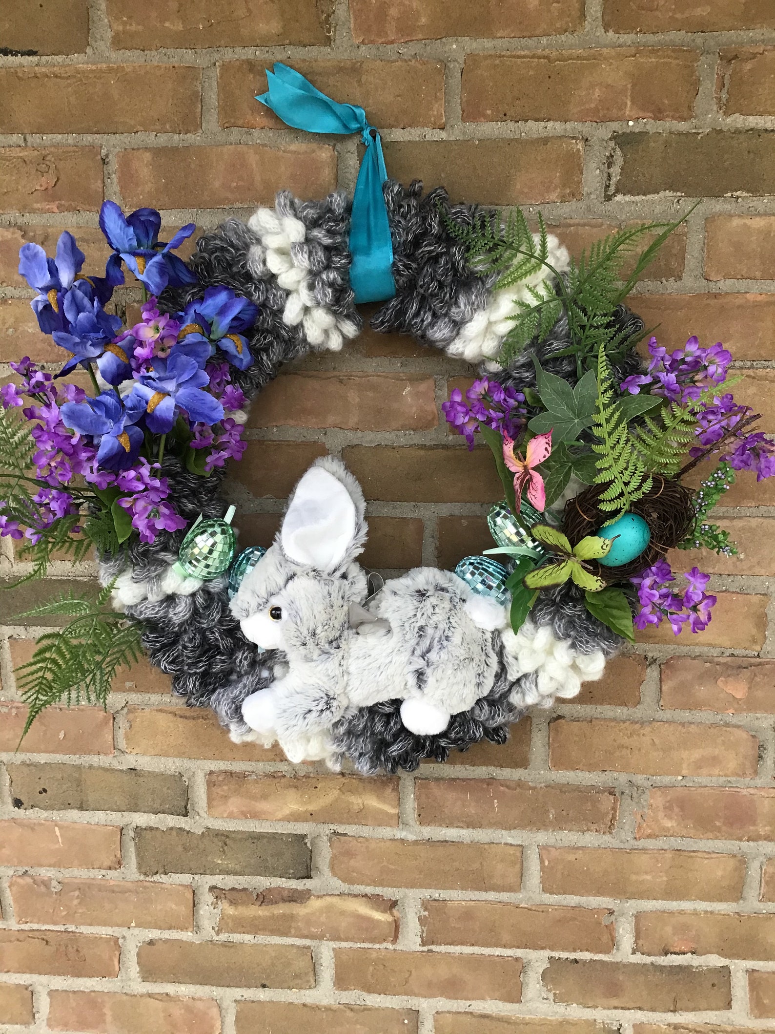 Bunny Yarn Wreaths with Flowers, Greenery and Eggs