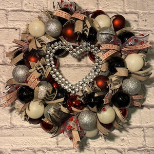 Sexy Valentine’s Day wreath, black red white and silver valentines wreath, February wreath, sweetest day wreath, glitter heart wreath