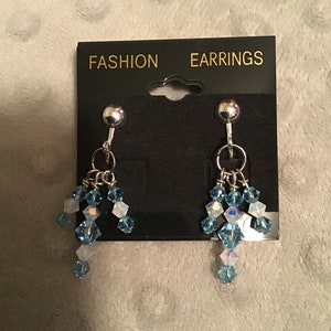Silver clip on earrings, blue crystal clip on earrings