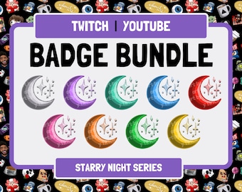 STARRY NIGHT Twitch badge bundle - ready-to-use crescent moon and stars cheer badges for YouTube - cute celestial stream art