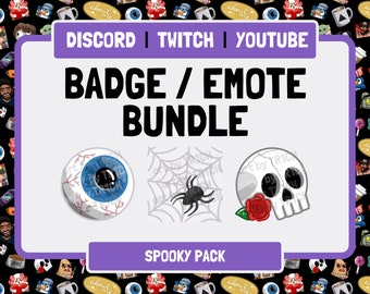 SPOOKY Twitch emote & badge bundle - ready-to-use skull, eyeball, spiderweb emotes badges for YouTube Discord - cute Halloween stream art