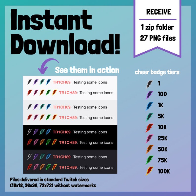 Lighting bolt Twitch bit badges thunderstorm stream art ready-to-use colourful storm bolts cheer badge set for Twitch in standard sizes