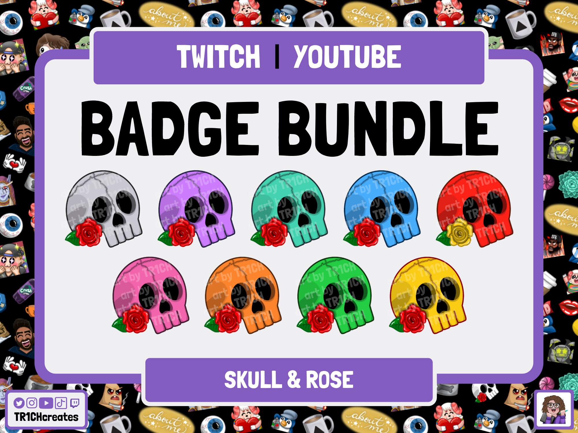 Skull Rose Twitch Bit Badges Ready To Use Tattoo Style Etsy