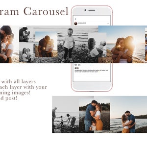 Può includere: Un mockup digitale di uno schermo di telefono che mostra una carosello di foto di una famiglia su una spiaggia. Le foto mostrano una coppia che si abbraccia, un bambino che gioca nella sabbia e un ritratto di famiglia. Il testo "Instagram Carousel" è sopra il mockup del telefono.