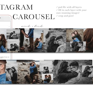May include: A digital template for an Instagram carousel featuring a couple in black and white photos. The template is designed to be used with a photo editing program to create a cohesive look for social media.