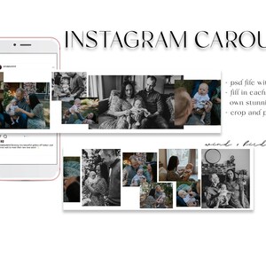 Puede incluir: Una plantilla de carrusel de Instagram en blanco y negro con una maqueta de teléfono que muestra una publicación de muestra. La plantilla está diseñada para compartir fotos de familias con bebés. El texto en la plantilla dice "Instagram Carousel" y "archivo psd con todas las capas, ¡rellena cada capa con tus propias imágenes impresionantes! ¡recorta y publica!" y "viento + pájaro".