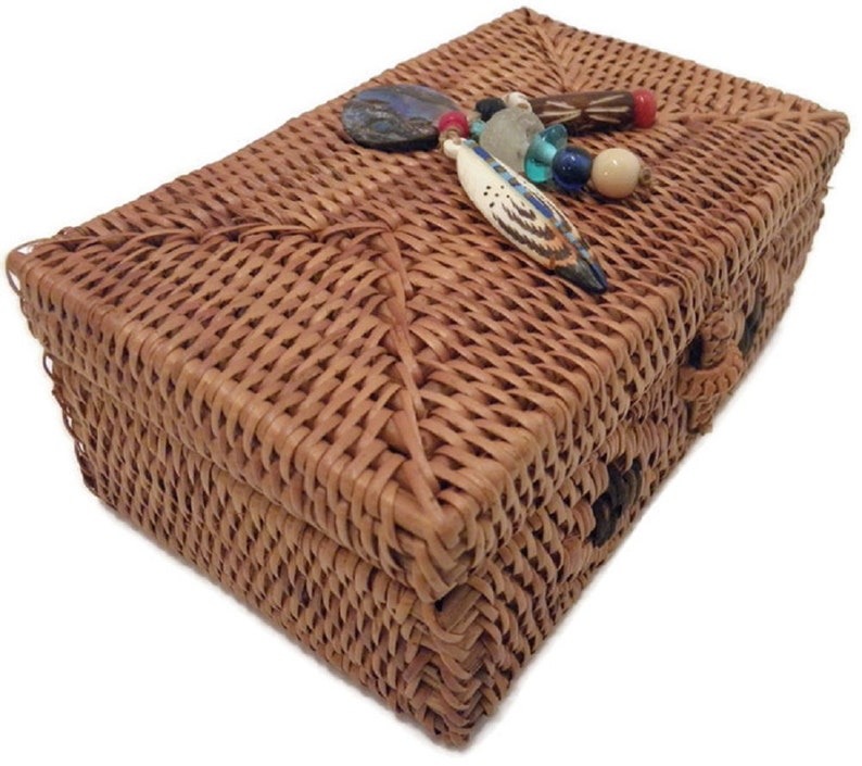 Alaskan Embellished Smoked grass Belize Hand Woven Trinket Box 5 X 3 X 2 in