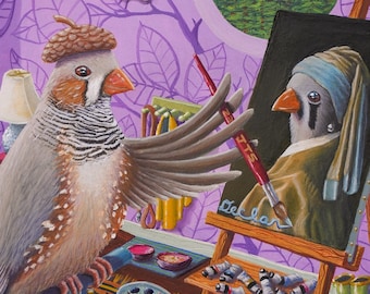 Zebra Finch Paints Bird With A Pearl Earring ~ Watercolor Bird Giclée Art Print