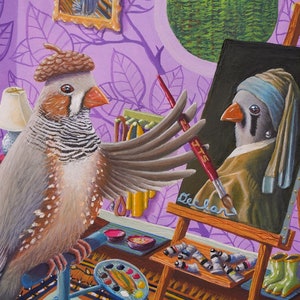 Zebra Finch Paints Bird With A Pearl Earring ~ Watercolor Bird Giclée Art Print