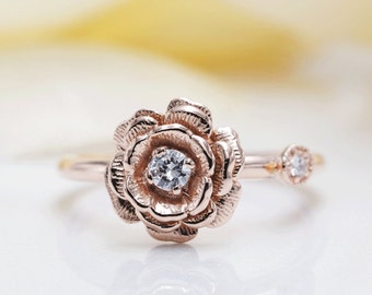 14K Rose Gold May Rose Diamond Ring/Rose Ring/Diamond Rose Engagement Ring/Rose Flower Ring/Mother's Day Ring/Vintage Ring/Promise Gold Ring