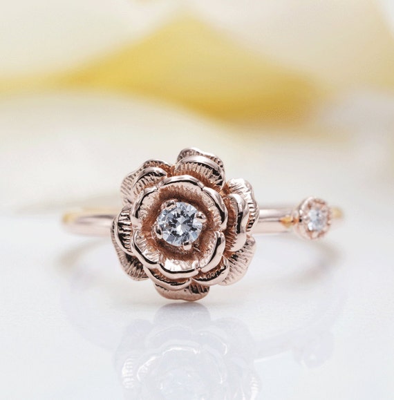 14K Rose Gold May Rose Diamond Ring/Rose Ring/Diamond Rose Engagement Ring/Rose Flower Ring/Mother's Day Ring/Vintage Ring/Promise Gold Ring