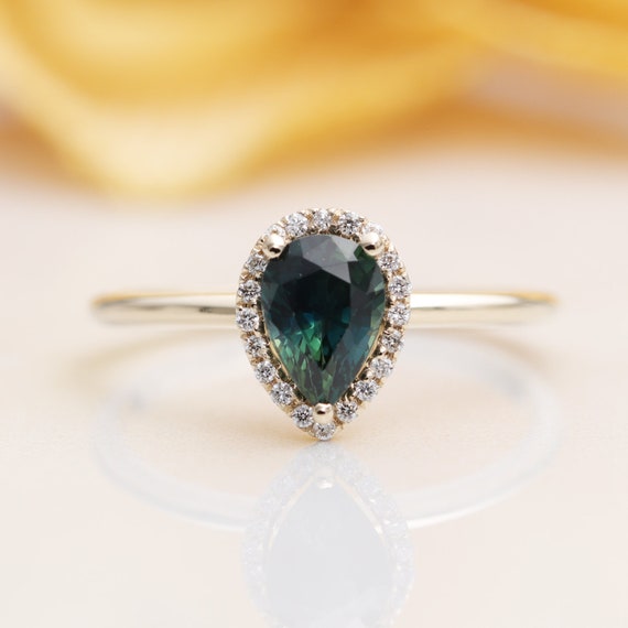 14K Gold Pear Shaped Teal Sapphire Diamond Engagement Ring/Blue Green Gem Classic Engagement ring/Crown Sapphire Ring/Tiara Diamond