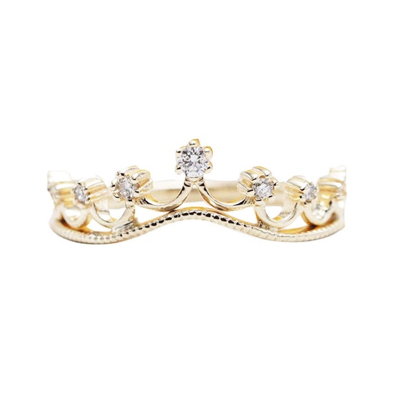 14K Solid Gold Princess Royal Crown Diamond Ring/Princess Tiara  Diamond Matching Band for Engagement Ring/Diamond Crown Ring/Queen Ring