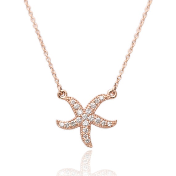 14k Gold Starfish Diamond Necklace/14k Gold Diamond Necklace/Unique Diamond Necklace/Dainty Diamond Pendant/Layering Diamond Necklace/Gift