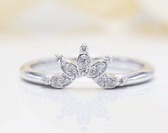 14K gouden diamanten kroon ring / prinses kroon ring / bijpassende band / gouden kroon ring / tiara ring / kroon ring / bruidsring / stapelbare ring / trouwring