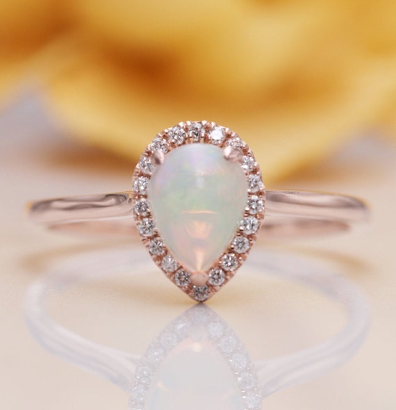 14K Rose Gold Natural Opal Diamond Halo Engagement Ring/Diamond Ring/Anniversary Ring/Proposal Diamond Ring/Opal Ring/Gift Ring/Rose Ring