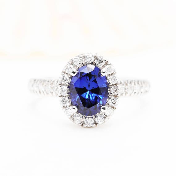 Sapphire Diamond Ring. 14K White Gold Diamond Ring. Diamond Engagement Ring. Sapphire Wedding Ring.Sapphire Anniversary Ring.Birthday Ring.