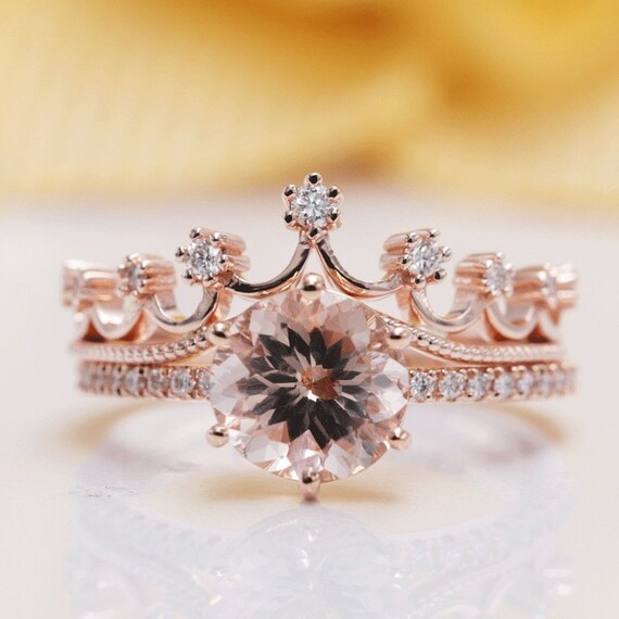14K Gold 8MM Morganite Diamond Crown Bridal Ring Set/Rose Gold Morganite Engagement ring Set/Diamond Crown Ring Set for Women/Princess Ring