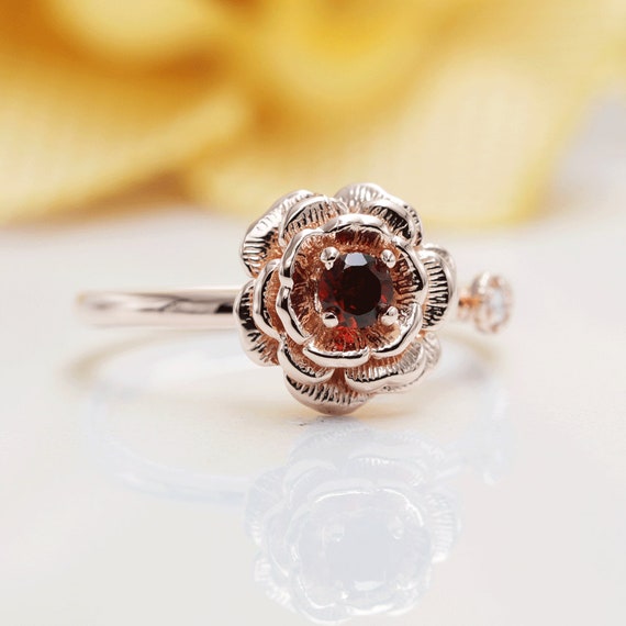 14K Rose Gold May Rose Garnet & Diamond Ring/Rose Ring/Diamond Rose Engagement Ring/Rose Flower Ring/Mother's Day Ring/Vintage Ring/Rosering