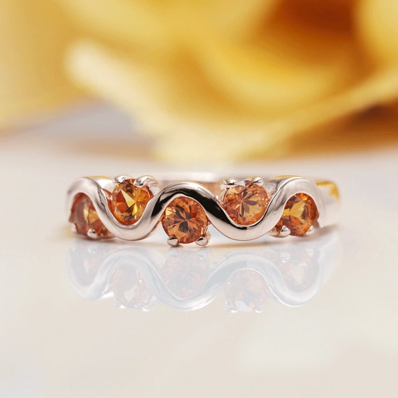 Orange Sapphire Wave Wedding Band with 14K Solid Gold/Orange Gem Wedding Ring/Anniversary Ring/Birthday Ring/14K Gold Ring/Promise Ring/Gift