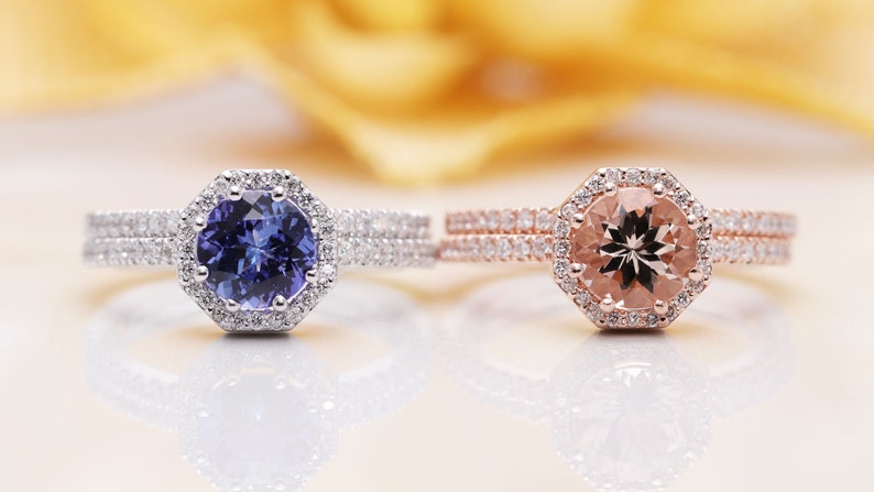 14k gold 1 CT Tanzanite Diamond Bridal Ring Set/Rose Gold Tanzanite Engagement ring Set/Halo Diamond Ring Set/Proposal Ring/Bridal Ring Set image 4