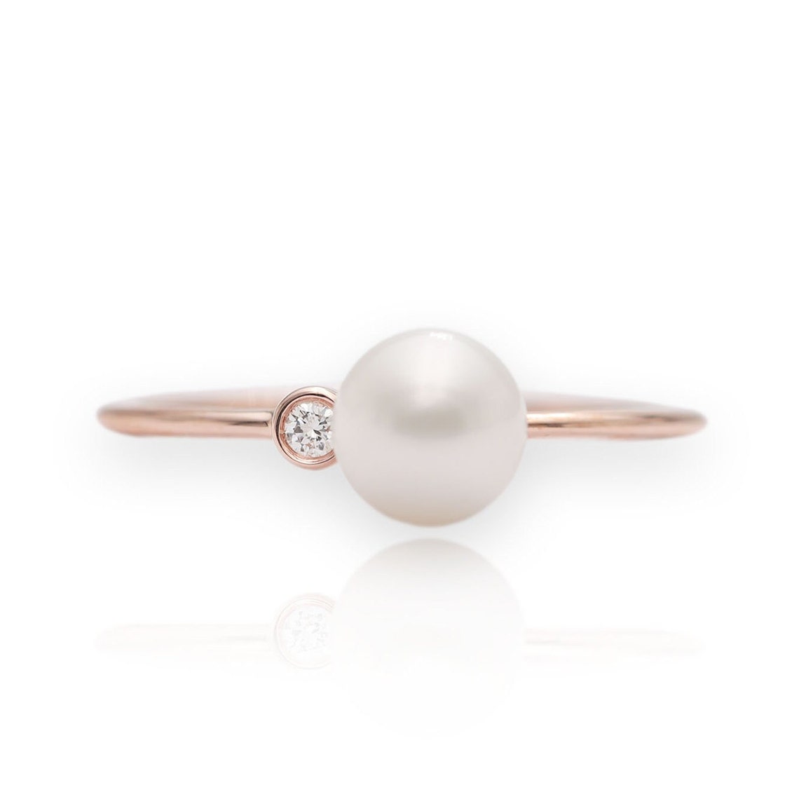 Natural Diamond Pearl Engagement Ring/ 14K Gold Ring with image 1