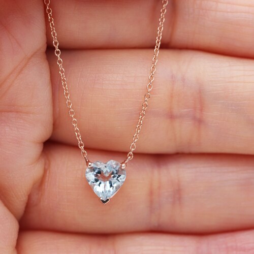 14k Gold Heart Aquamarine Necklace/14k 