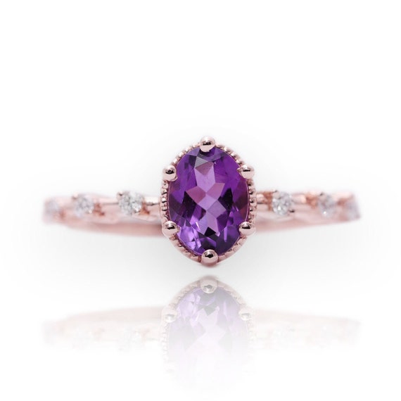 14k Gold High Quality Oval Purple Amethyst Diamond Engagement Ring/Purple Gem Classic Engagement ring/Birthday Ring/Antique Amethyst Ring