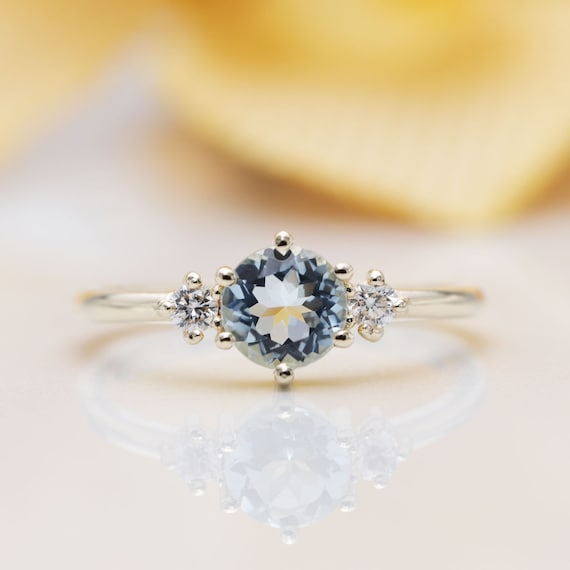 14K Gold 0.7 CT Aquamarine Diamond Engagement Ring/Blue Gem Engagement ring/Birthday Diamond Ring/Anniversary Ring/Proposal Ring/Gold Ring