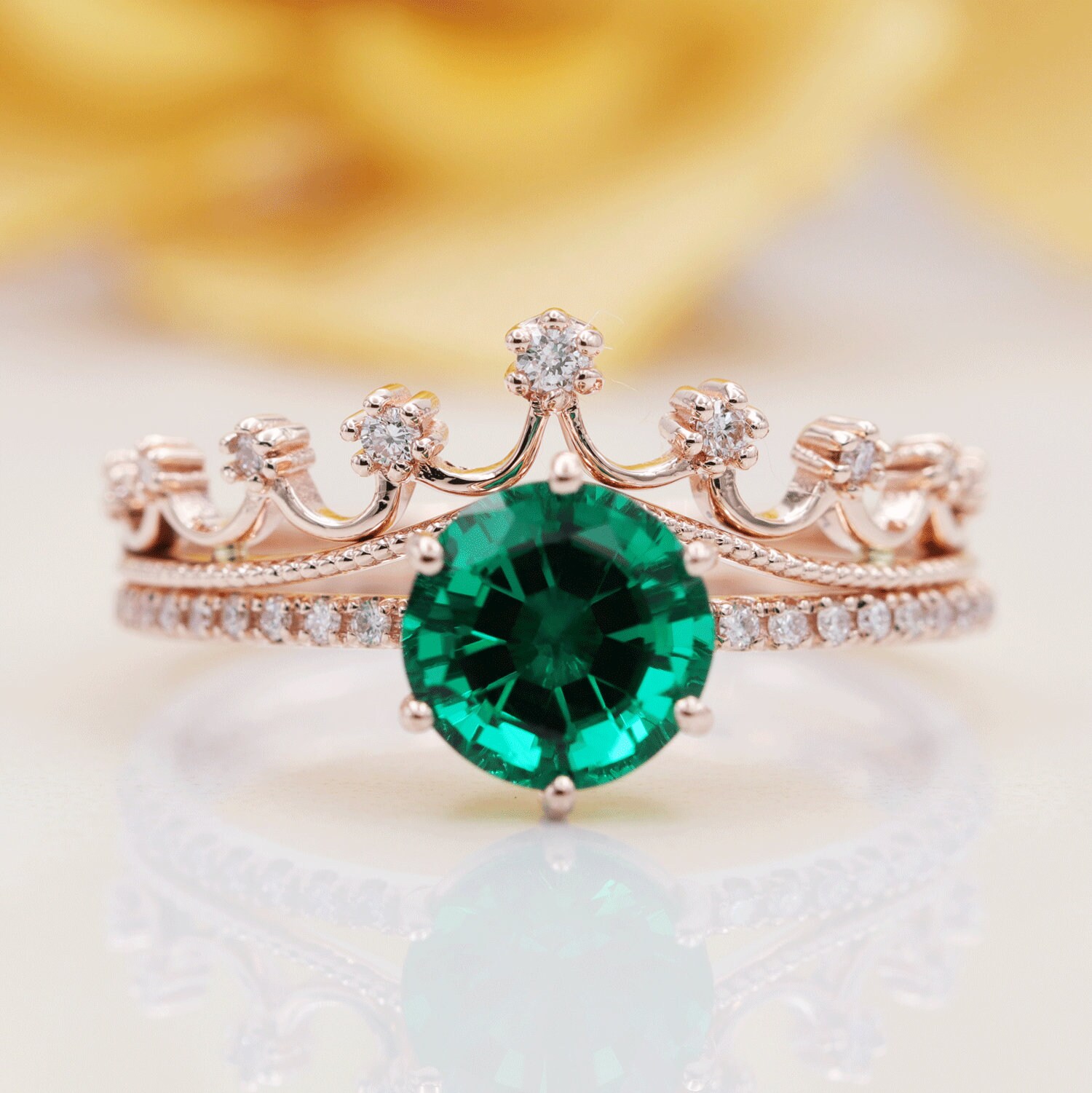 Buy 14K Gold 8MM Lab Emerald Diamond Crown Bridal Ring Set rose