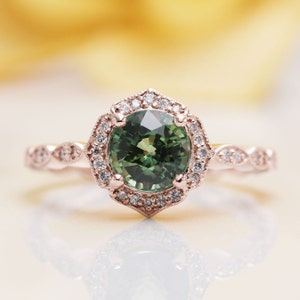 Natural Green Sapphire Floral Engagement Ring/ Sapphire Engagement Ring/ 14K Rose Gold Proposal Ring/Diamond Engagement Ring/Birthday Ring