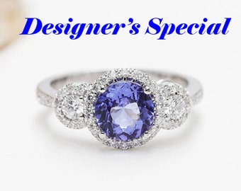 Tanzanite and Natural Diamond Three Stones  Ring , 14K White Gold Engagement Ring,Tanzanite Wedding Ring, Halo Ring, Diamond Engagement Ring