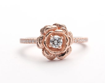 14K Rose Gold May Rose Diamond Ring/Rose Ring/Diamond Rose Engagement Ring/Rose Flower Ring/Mother's Day Ring/Vintage Ring/Promise Gold Ring