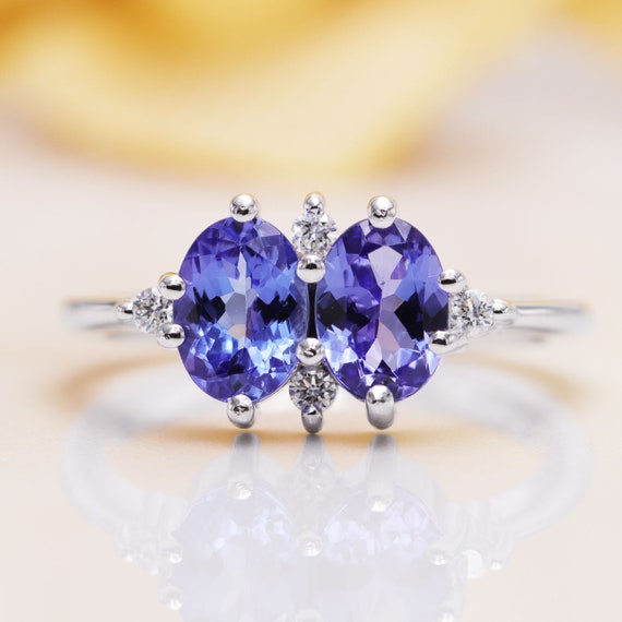 Special Price!! 14k Gold High Quality Double Tanzanite Diamond Engagement Ring/Blue Gem Classic Engagement ring/Birthday Ring/Tanzanite ring