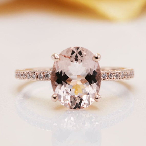 Natural Morganite 14K Pink Gold Diamond  Engagement Ring/Two Side of Diamond Engagement Ring/Anniversary Gift Ring/Proposal Diamond Ring