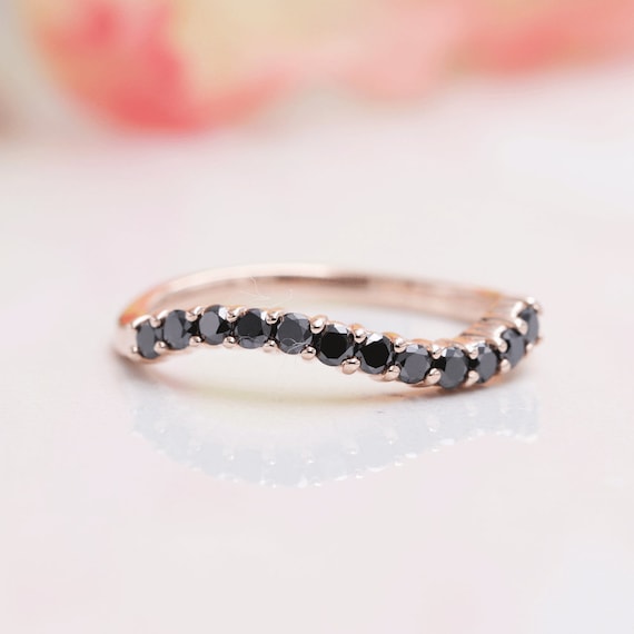 14K Solid Gold Black Diamond Wave Wedding Band/Diamond Wedding Ring/Matching Band for Engagement ring/Stacking Ring/Gold Wave Band/Gift ring
