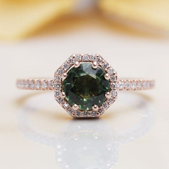 Natural Green Sapphire Halo Diamond Engagement Ring/ Sapphire Engagement Ring/ 14K Rose Gold Proposal Ring/Diamond Engagement Ring/Birthday