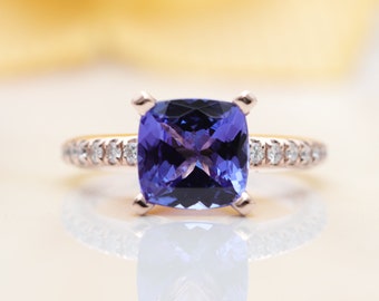 14K Gold High Quality 1 CT Cushion Cut Blue Tanzanite Diamond Engagement Ring/Blue Gem Engagement ring/Birthday Ring/Anniversary Tanzanite