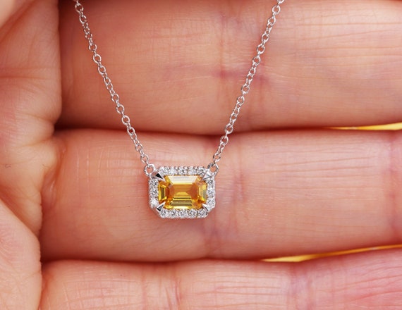 Natural Emerald Cut Yellow Sapphire Diamond 14K Gold Necklace/Sapphire Necklace/Diamond Halo Necklace/Valentine Necklace/Engagement Gift