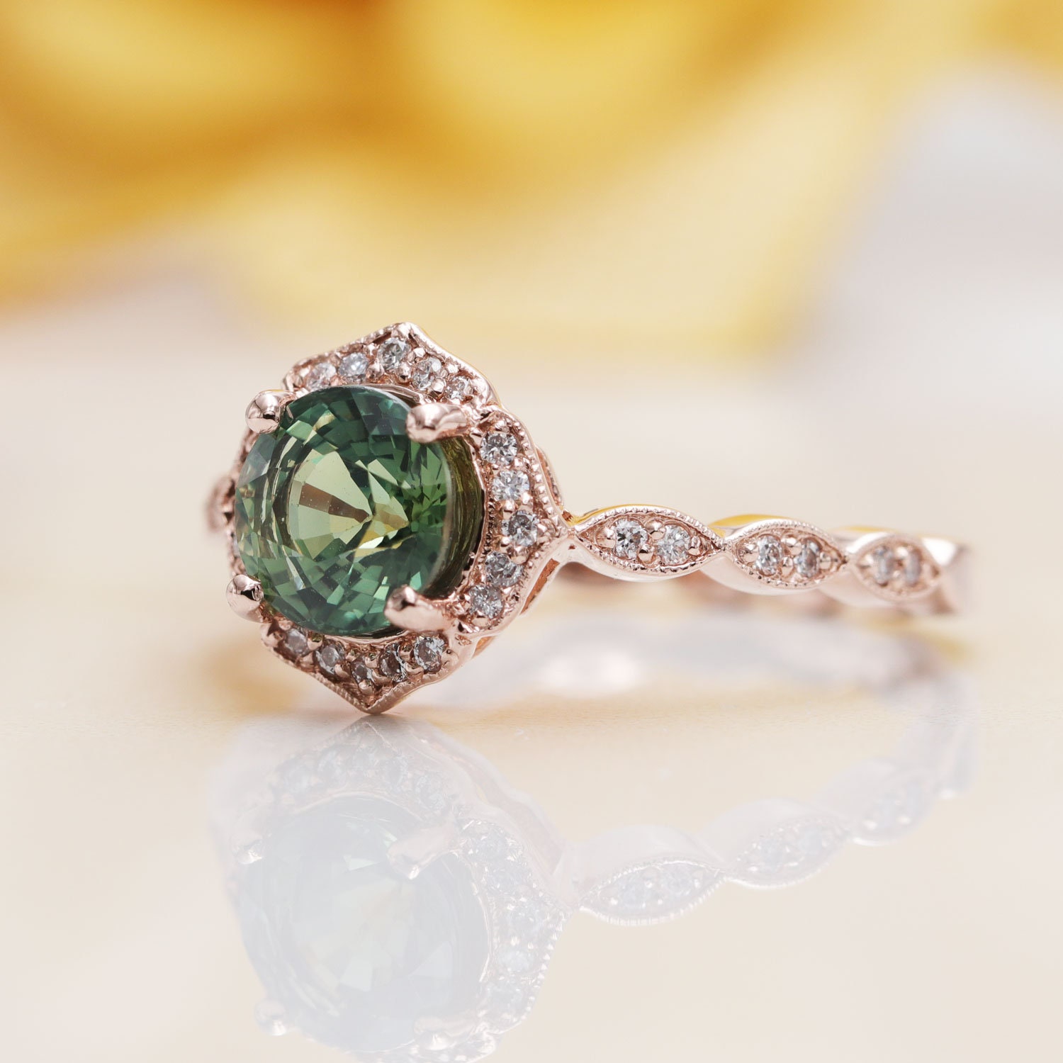 Natural Green Sapphire Floral Engagement Ring/ Sapphire Etsy