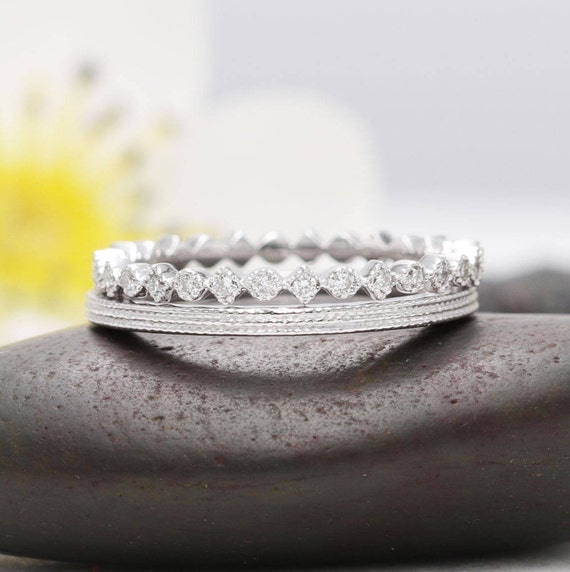 Set of 2 14K White Gold Ring Set/Line Design Ring & Diamond Eternity Ring Set/Engagement Wedding Diamond Ring Set/Promise Rings/Gift Ring