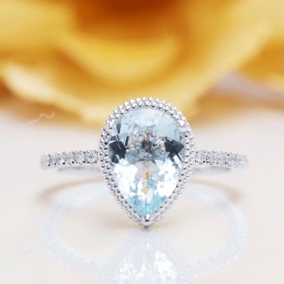 Solitaire Pear Shaped 1.80 CT Natural Aquamarine Bead Engagement ring in 14K Gold/Blue Gem Diamond Ring/Anniversary Ring/March Birthday Ring