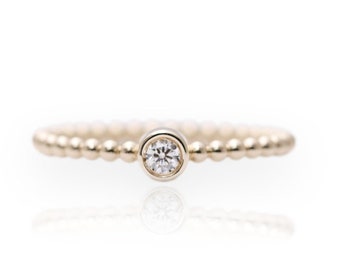 0.05CT Diamond Bezel Gold Bead Ring.Gold Bead Band.14K Gold Bead Ring.Promise Diamond Ring.Diamond Stacking ring.Solitaire diamond Ring