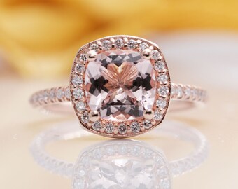 14K Rose Gold Natural Morganite Diamond Halo Engagement Ring/Diamond Engagement Ring/Anniversary Gift Ring/Proposal Diamond Ring/Morganite